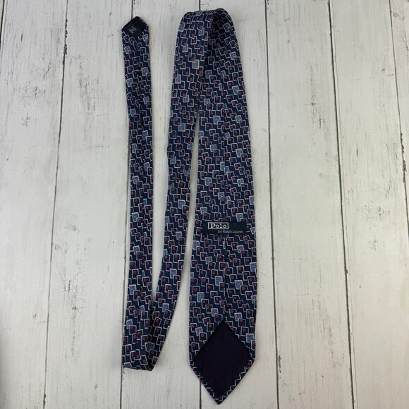 VTG Polo Ralph Lauren Blue/White Silk Handmade Geometric Neck Tie USA - Picture 3 of 11